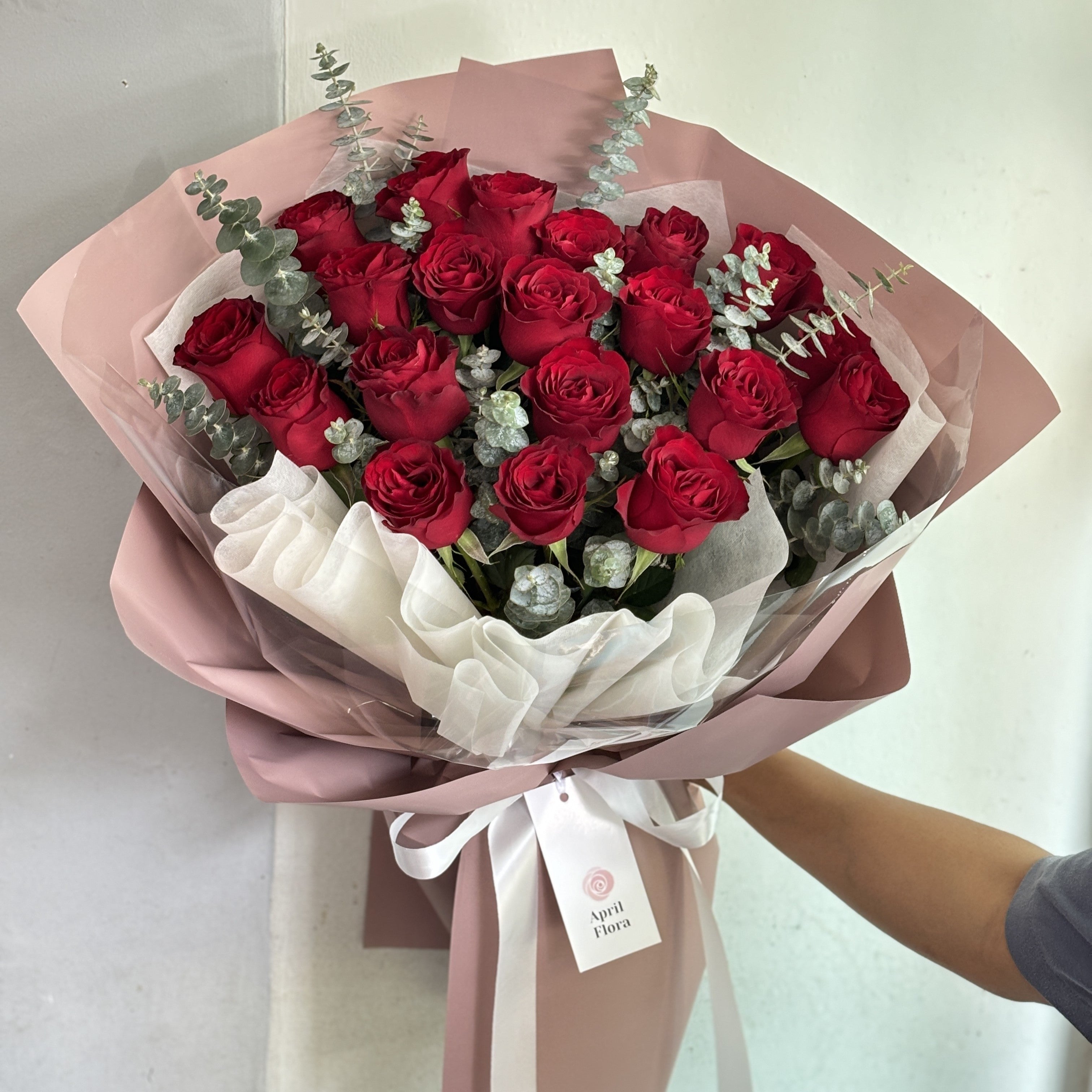 "Cherry Kiss" Bouquet Of 20 Red Roses With Eucalyptus - Phuket