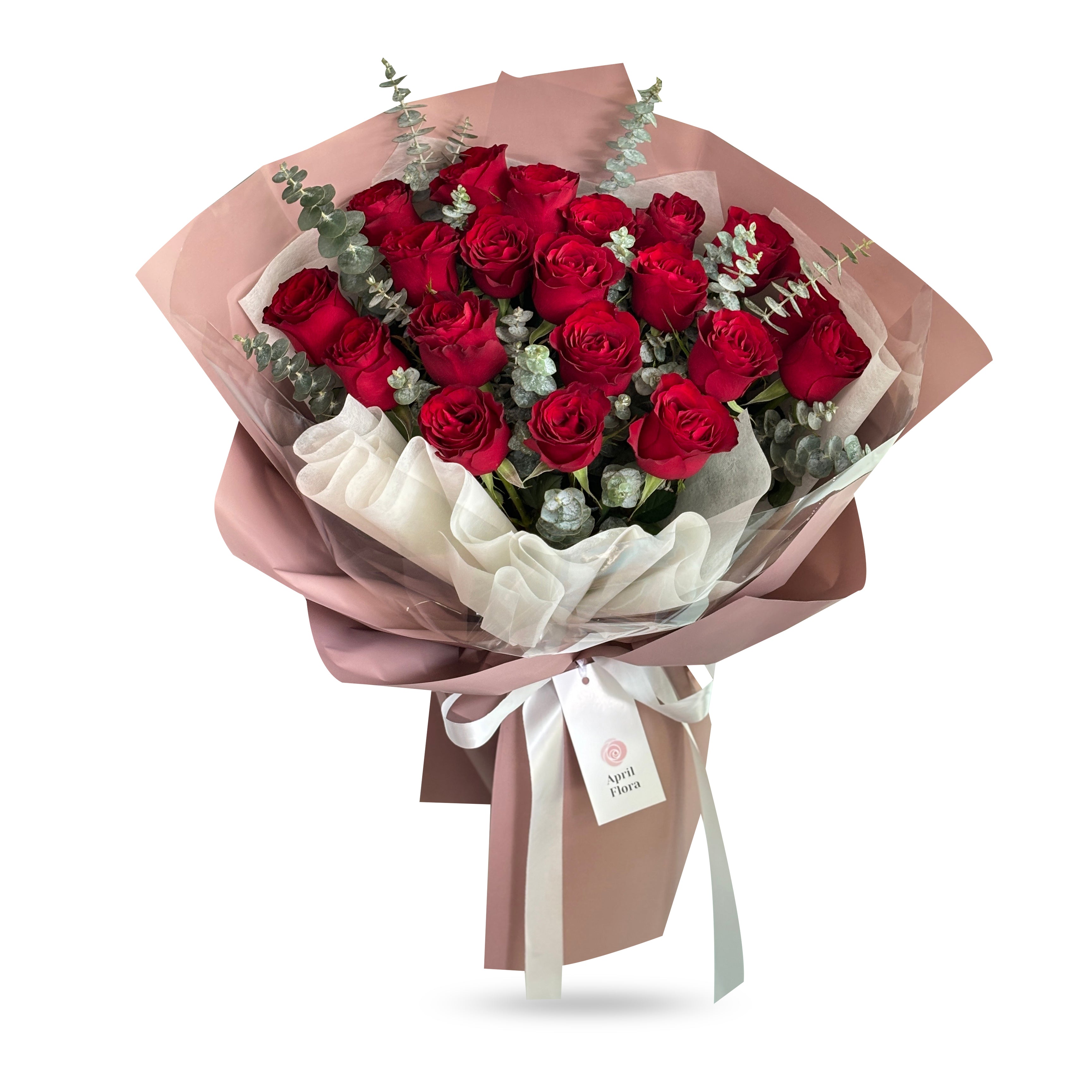 "Cherry Kiss" Bouquet Of 20 Red Roses With Eucalyptus - Phuket