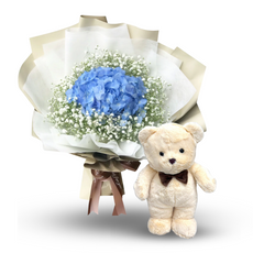 "Blue Love" bouquet of blue hydrangea & Teddy Bear with bow tie - Phuket