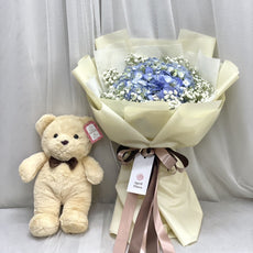 "Blue Love" bouquet of blue hydrangea & Teddy Bear with bow tie - Phuket