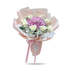 "YOU ARE MY HEART" Bouquet of Pink Hydrangea and White Roses with Baby's Breath