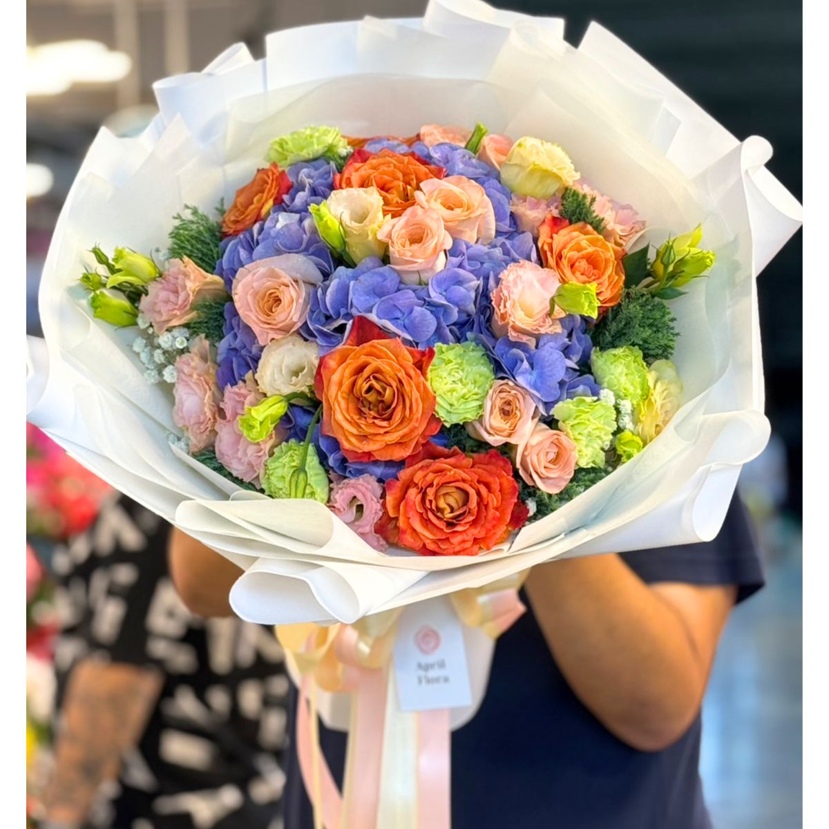 "Lovely Blue Cupid" Bouquet Of Hydrangea, Rose , Lisianthus and Gypso